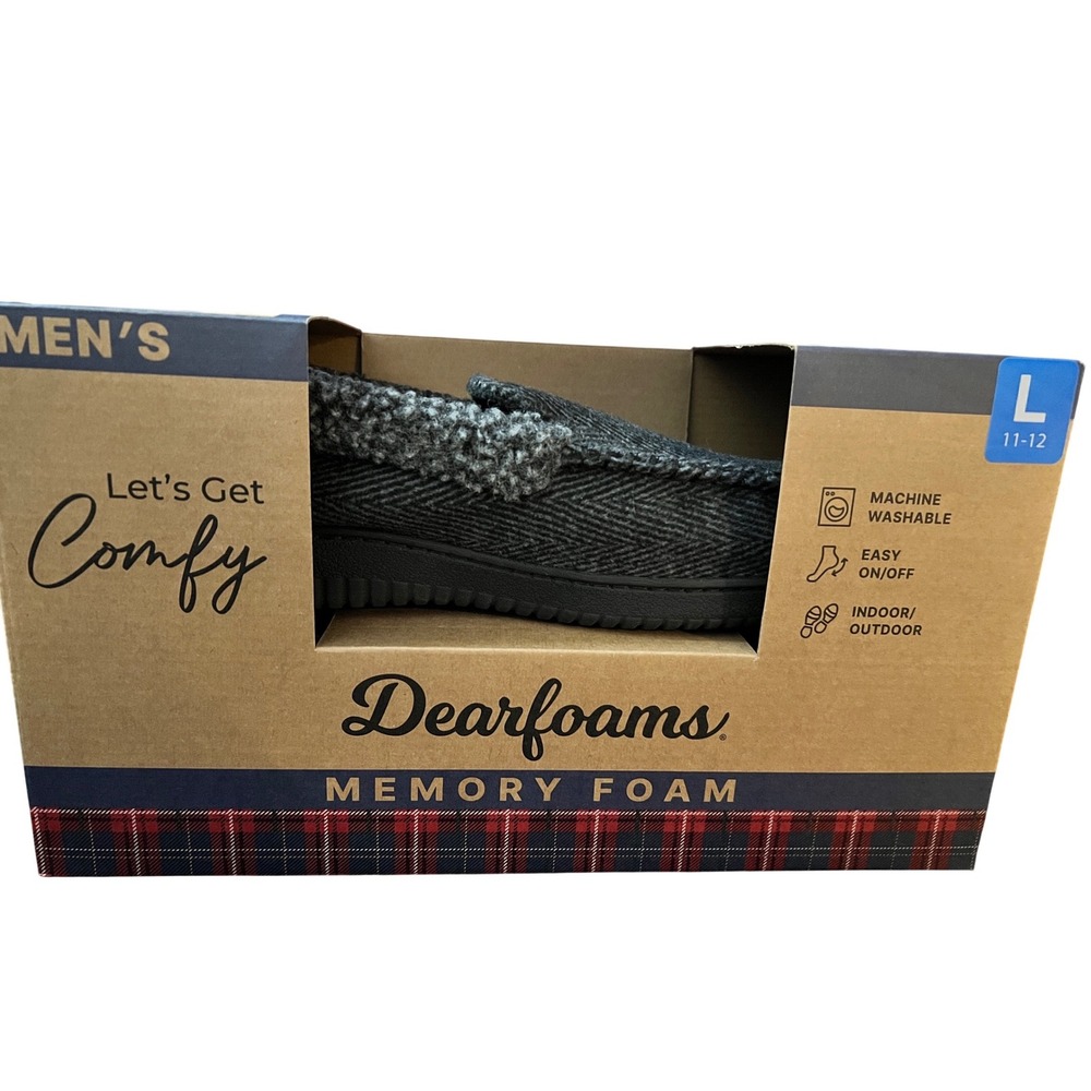 NIB Dearfoams Mens Memory Foam Moccasin Slippers Grey Herringbone Size L 11-12